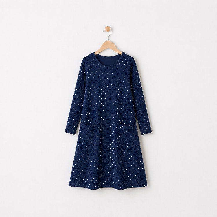 Dunkelblaues Kleid Nr. 2 mit kleinen weißen Punkten, Rundhalsausschnitt, langen Ärmeln und aufgesetzten Taschen auf einem Holzbügel vor weißer Wand.