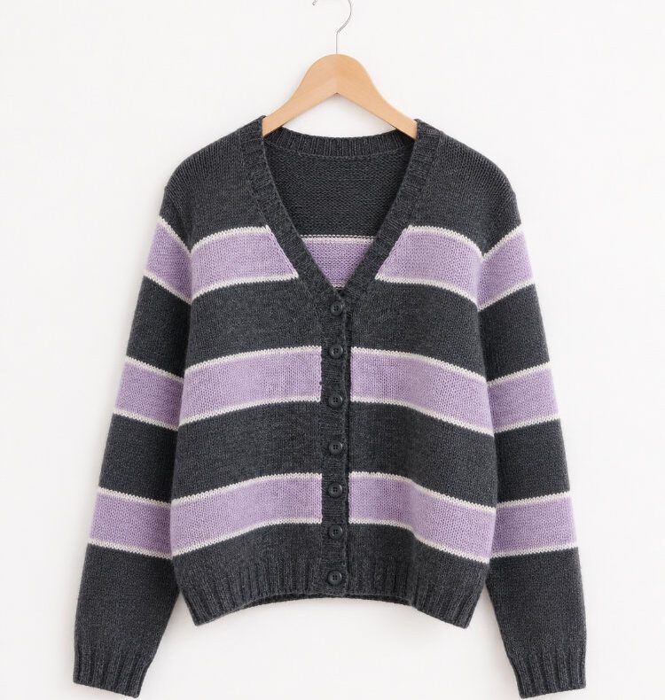 Kurz geschnittener Cardigan in Dunkelgrau und Flieder mit breiten Ringeln, V-Ausschnitt, dunklen Knöpfen und Rippenbündchen, an einer weißen Wand hängend.