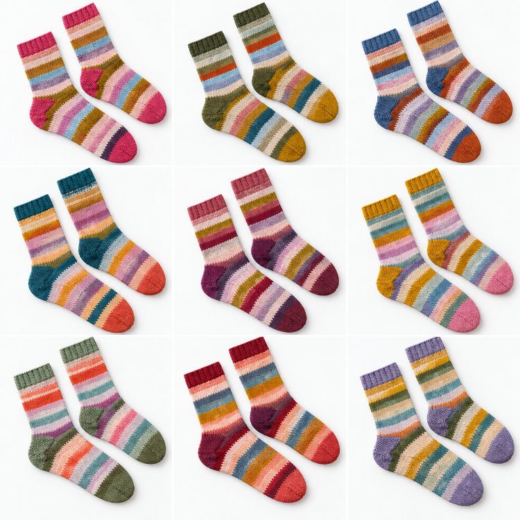 Jazzi Leftover Socks – neun Farbvarianten für Socken aus Wollresten mit Fair-Isle-Muster