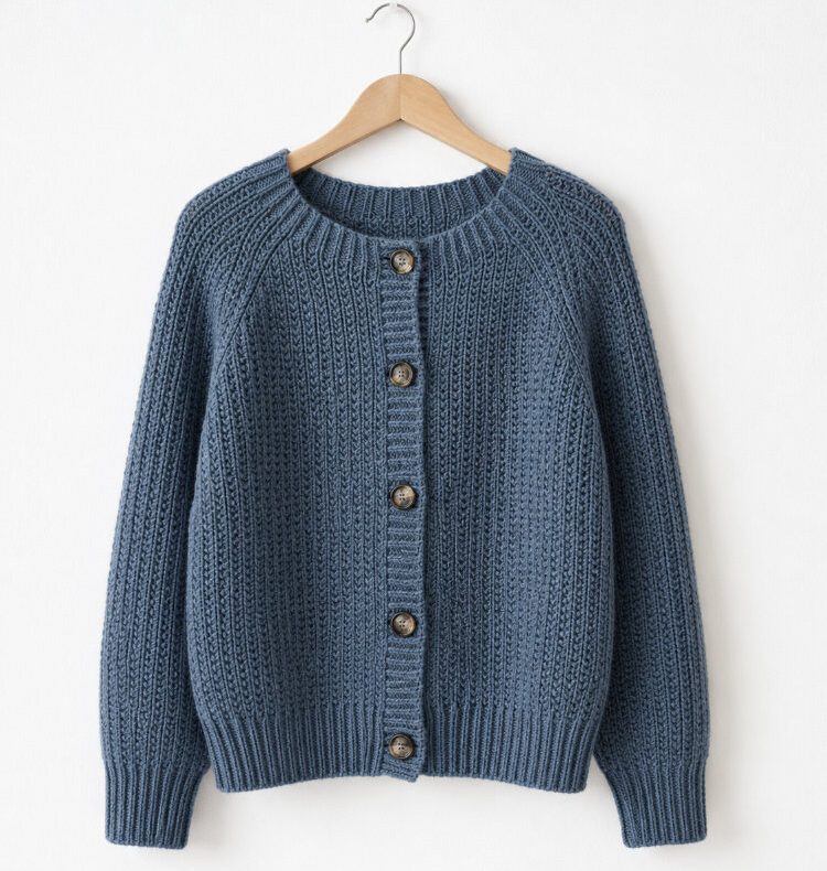 Blaugraue handgestrickte Raglanjacke mit Rippenmuster und Knöpfen auf einem Holzbügel vor weißer Wand.