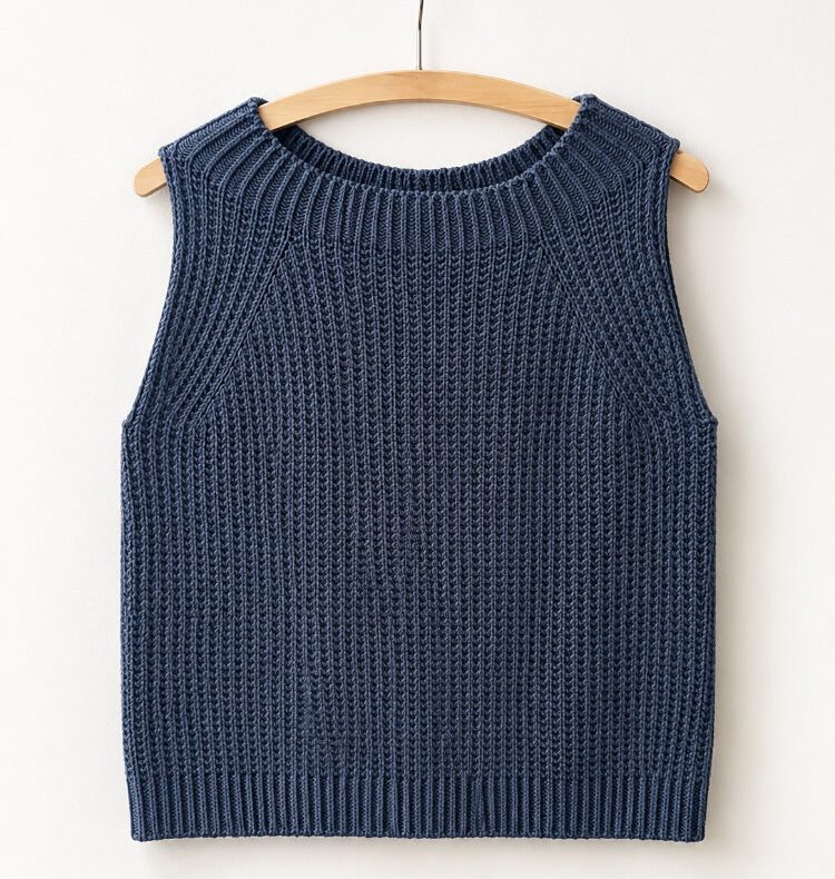 Blaues handgestricktes Tavalli Top mit Rundhalsausschnitt und Rippenbündchen auf einem Holzbügel vor weißer Wand.