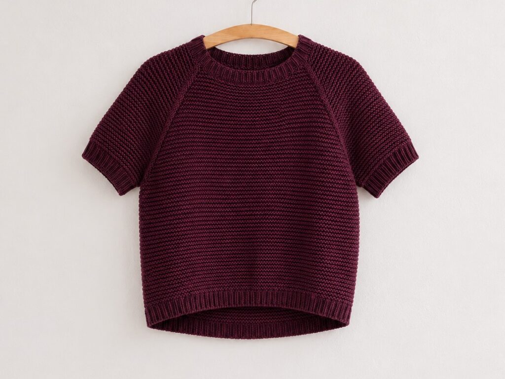 Piilo Shirt in dunklem Rot, an einer wand hängend