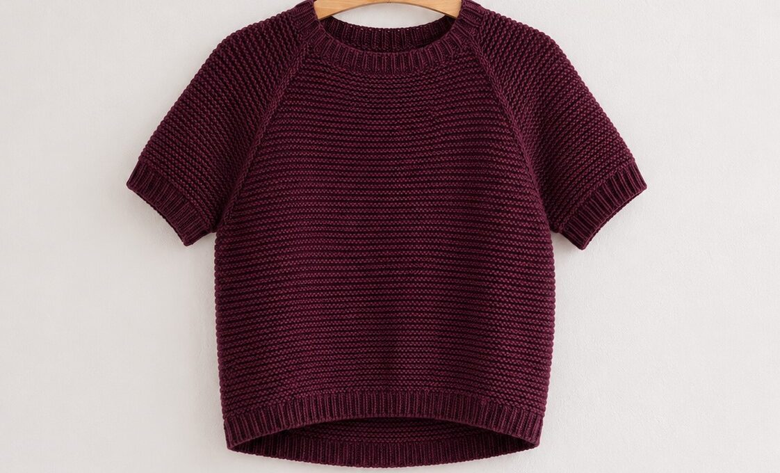 Piilo Shirt in dunklem Rot, an einer wand hängend