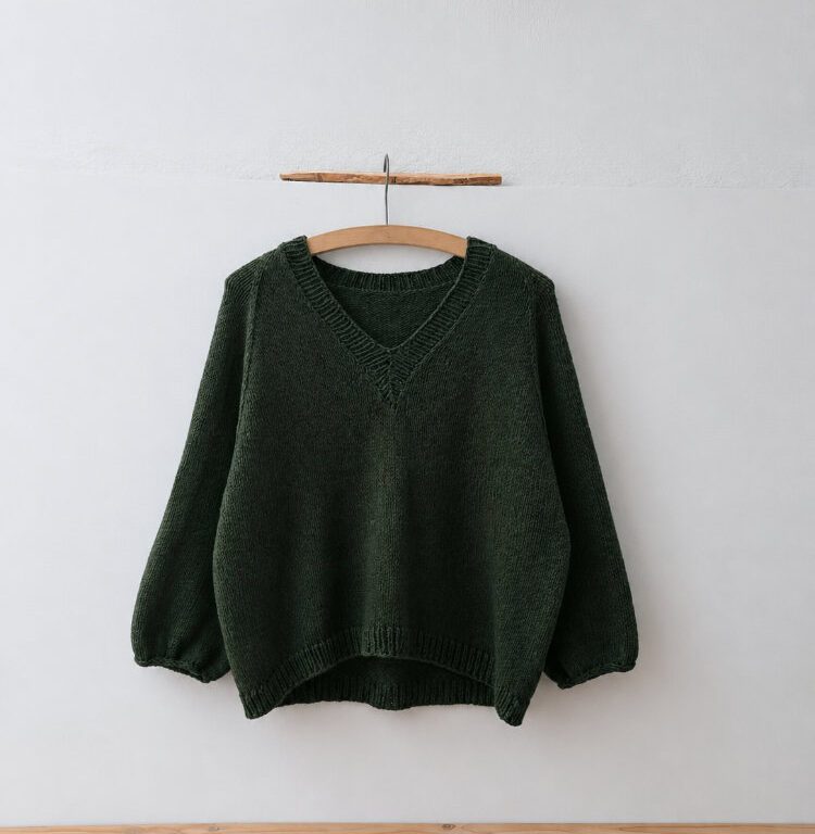 Koora Sweater Strickanleitung – nahtloser Pullover mit V-Ausschnitt, top down gestrickt aus DROPS Belle in Dunkler Wald