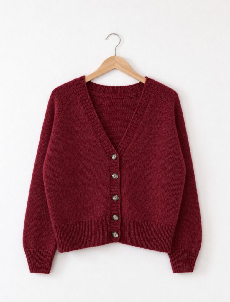 Luumi Cardigan in Burgunderrot mit V-Ausschnitt und Knopfleiste auf einem Holzbügel vor weißer Wand