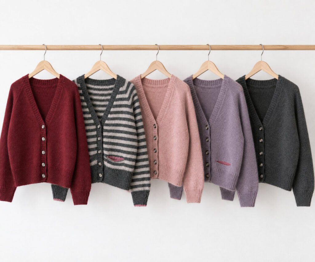 Luumi Cardigan in verschiedenen Farben und Streifenvarianten auf einer Kleiderstange vor weißer Wand