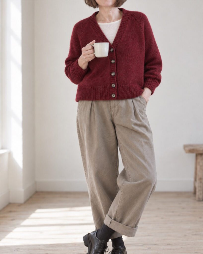 Luumi Cardigan in Burgunderrot – gestrickte Strickjacke mit V-Ausschnitt und Knöpfen, kombiniert mit weiter Hose