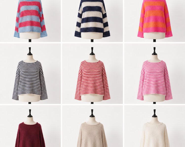 Neun Varianten der Roosi Blouse mit breiten und schmalen Streifen sowie unifarben in Marine, Rot, Pink, Hellblau, Dunkelrot, Sand und Natur.