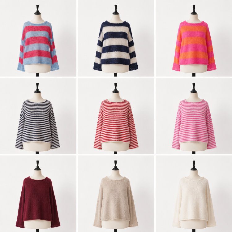 Neun Varianten der Roosi Blouse mit breiten und schmalen Streifen sowie unifarben in Marine, Rot, Pink, Hellblau, Dunkelrot, Sand und Natur.