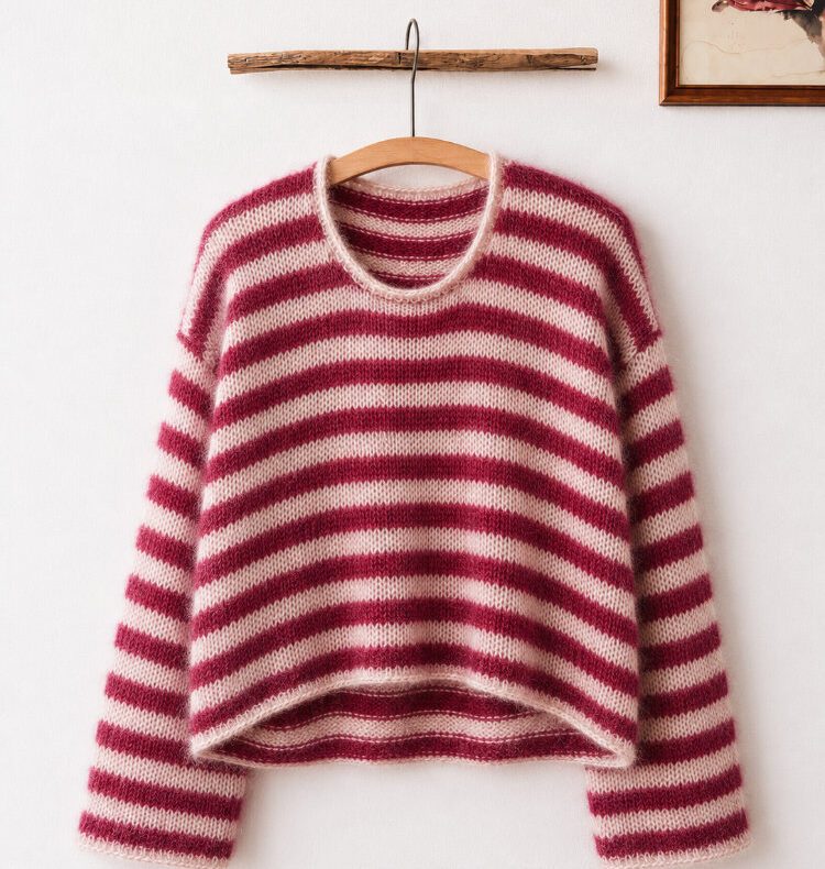 Rot-creme gestreifte Rooso Blouse mit langen Ärmeln und Rundhalsausschnitt auf einem Holzbügel vor einer weißen Wand.