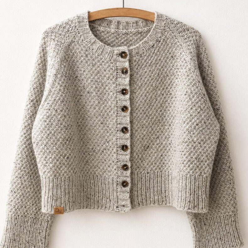 Greetl Cardigan aus meliertem graubeigem Garn auf einem Holzbügel an einer hellen Wand, mit Rundhalsausschnitt, Rippenblenden und Knopfleiste.