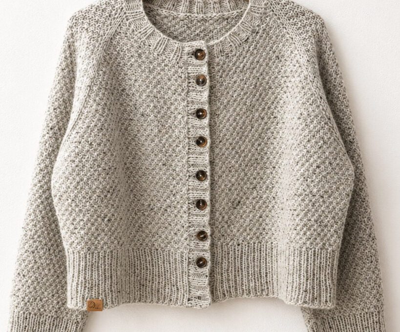 Greetl Cardigan aus meliertem graubeigem Garn auf einem Holzbügel an einer hellen Wand, mit Rundhalsausschnitt, Rippenblenden und Knopfleiste.