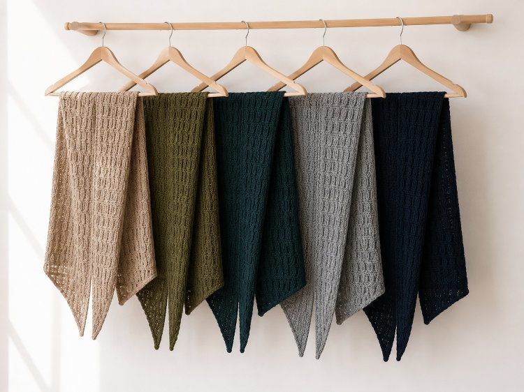 Kaaya Shawl in verschiedenen natürlichen und herbstlichen Farben auf Holzbügeln an einer Kleiderstange.