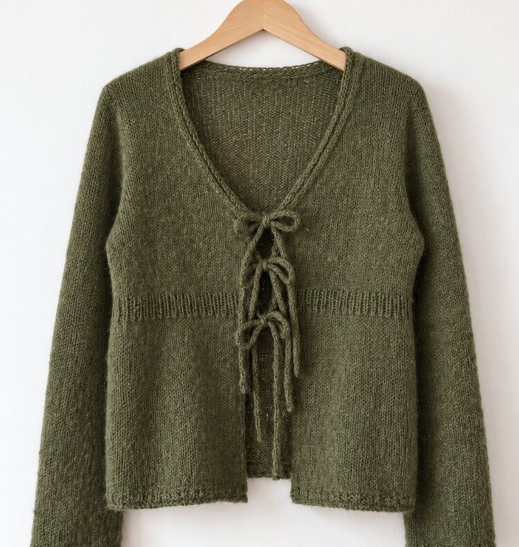 Juulo Cardigan in Olivgrün mit V-Ausschnitt und Bindebändern, gestrickt mit Contiguous-Schulter.