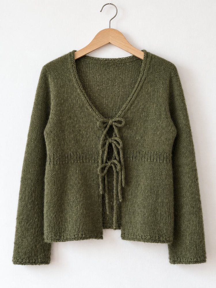 Juulo Cardigan in Olivgrün mit V-Ausschnitt und Bindebändern, gestrickt mit Contiguous-Schulter.
