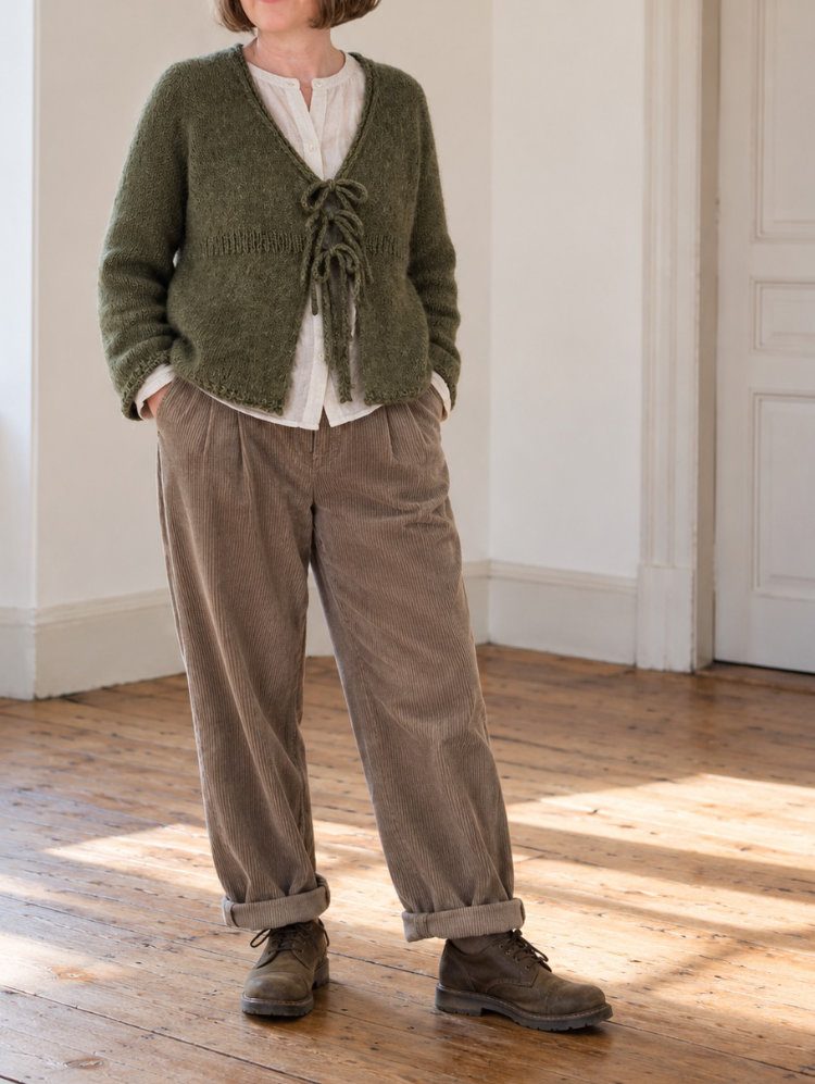 Juulo Cardigan in Olivgrün mit Contiguous-Schulter und Bindebändern, getragen über einer hellen Bluse.