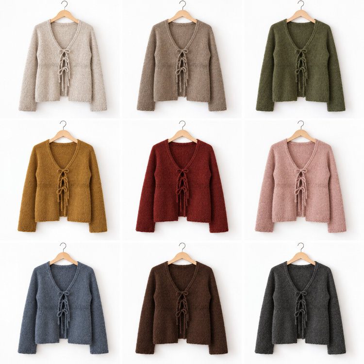 Juulo Cardigan in neun harmonischen Farbvarianten von Naturtönen über Rot und Rosa bis Blau, Braun und Anthrazit.