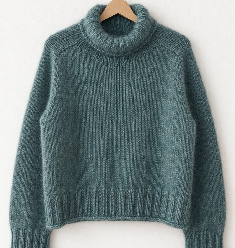 Truudi Sweater – nahtlos gestrickter Rollkragenpullover mit Sattelschultern, gestrickt in Drops Daisy und Kid-Silk, Farbe Nordsee