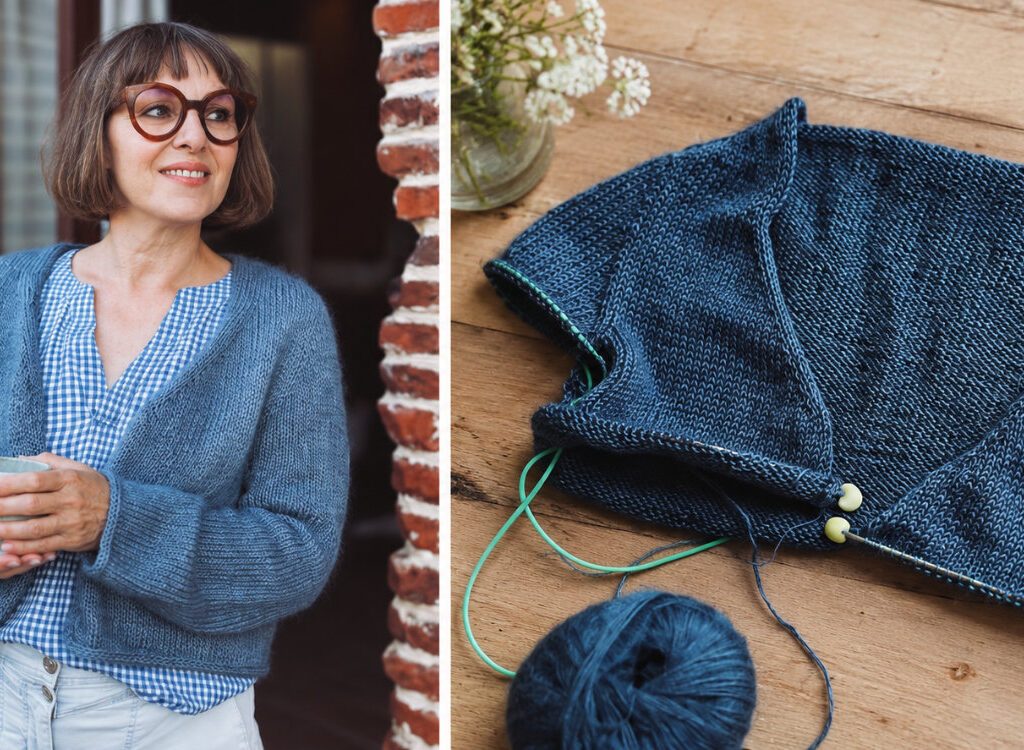 Uukii Cardigan mit Contiguous-Schulter, getragen und während des Top-down-Strickens im Detail.
