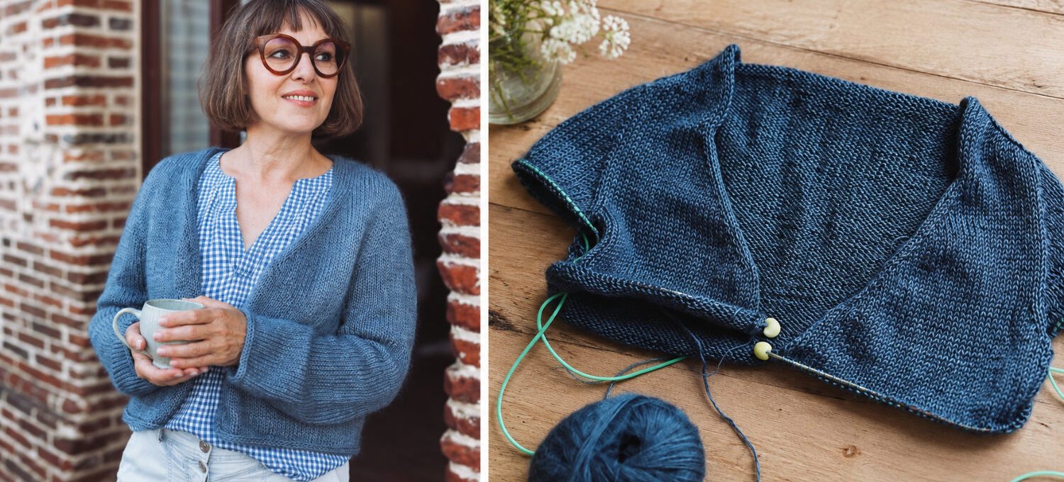 Uukii Cardigan mit Contiguous-Schulter, getragen und während des Top-down-Strickens im Detail.