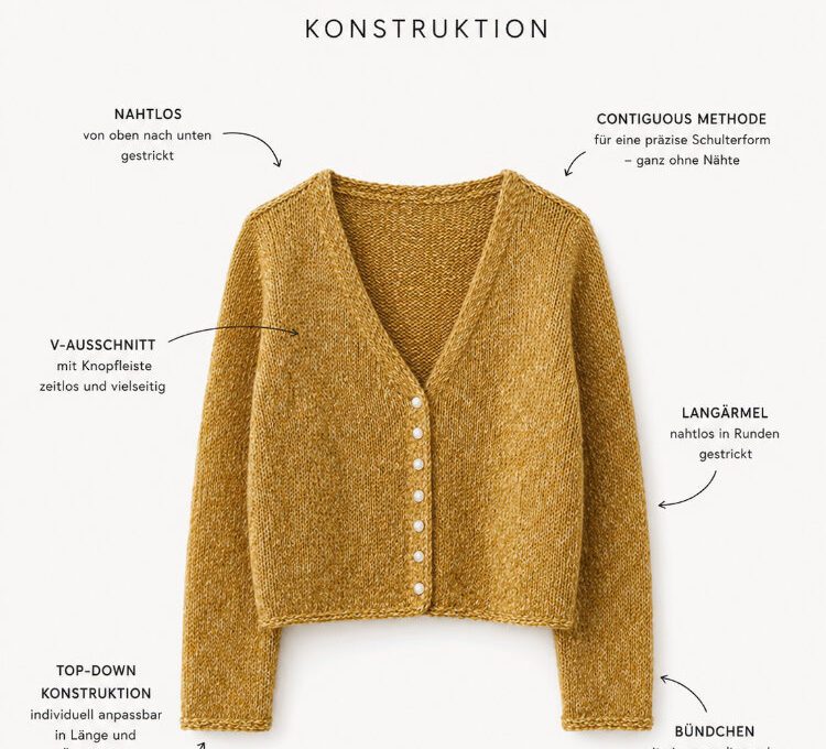 Konstruktionszeichnung des Uukii Cardigans: Nahtlos von oben gestrickter Cardigan mit V-Ausschnitt, Knopfleiste und langen Ärmeln. Die Grafik zeigt die Top-down-Konstruktion mit Contiguous-Methode für eine präzise Schulterform ohne Nähte sowie Hinweise zu V-Ausschnitt, Bündchen und individuell anpassbarer Länge.