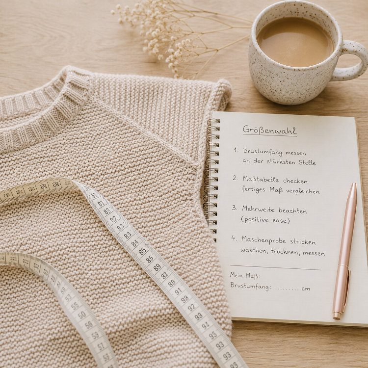 Beiger handgestrickter Pullover mit Maßband, Notizbuch und Kaffee – Größenwahl für ein Strickstück anhand von Brustumfang, Maßtabelle und Mehrweite.