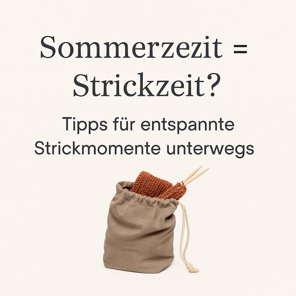 Grafik mit der Überschrift ‚Sommerzeit = Strickzeit?‘ – Tipps für entspanntes Stricken im Urlaub mit rosa p.