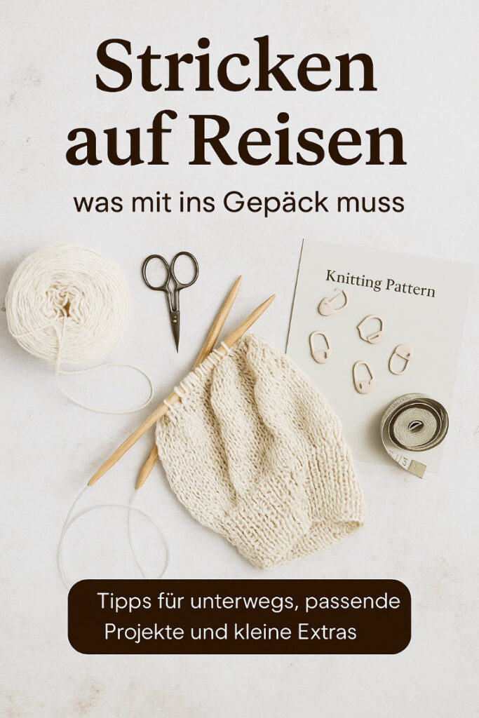 Strickprojekt mit hellem Garn auf rustikalem Holzuntergrund, daneben ein florales Notizbuch – stilles Bild zum Thema „Stricken auf Reisen“