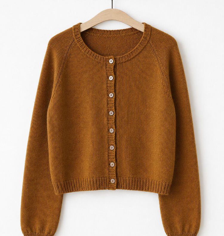 Doorli Cardigan in warmem Ockerton, handgestrickt mit schmaler Raglanlinie, Knopfleiste und langen Ärmeln, auf Holzbügel vor weißer Wand.
