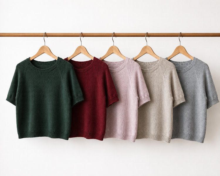 Fünf Doorli Shortsleeves in Dunkelgrün, Rot, Rosa, Natur und Grau an einer Kleiderstange