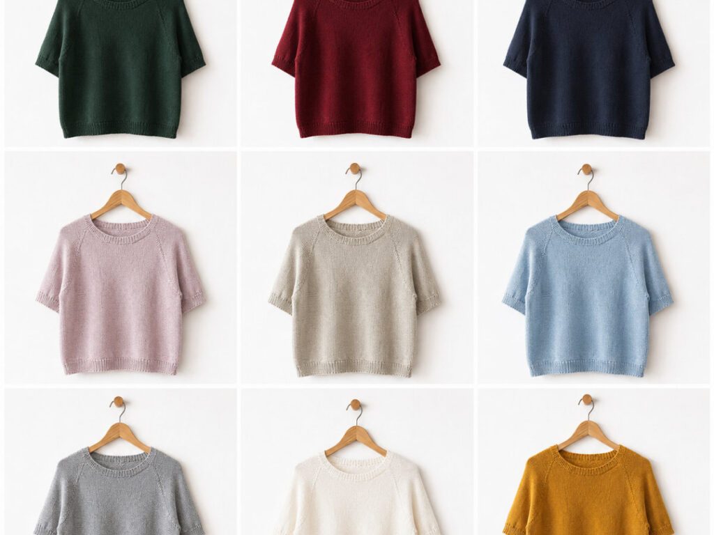 Doorli Shortsleeve Strickshirt in neun Farbvarianten von Dunkelgrün und Rot bis Rosa, Hellblau und Natur