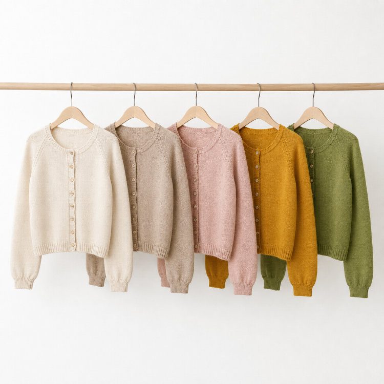 Doorli Cardigan in fünf Farbvarianten von Creme und Rosa bis Senfgelb und Grün auf einer Kleiderstange.