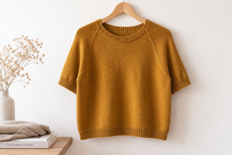 Senfgelber Strickpullover mit modifizierter Raglankonstruktion und kurzen Ärmeln auf einem hellen Holzbügel vor weißer Wand.