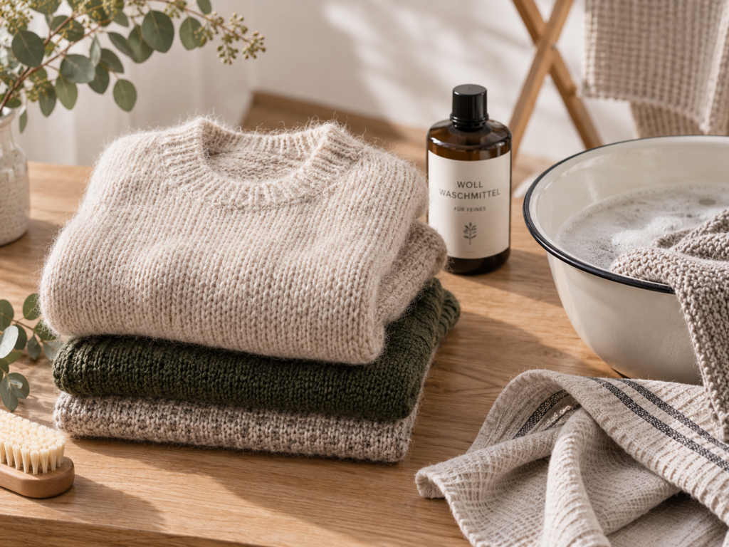 Handgestrickte Pullover neben einer Schüssel für die Handwäsche, Wollwaschmittel und Handtüchern auf einem Holztisch.