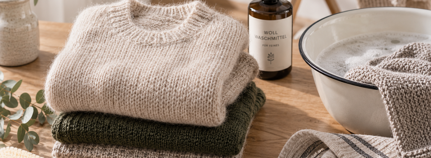 Handgestrickte Pullover neben einer Schüssel für die Handwäsche, Wollwaschmittel und Handtüchern auf einem Holztisch.