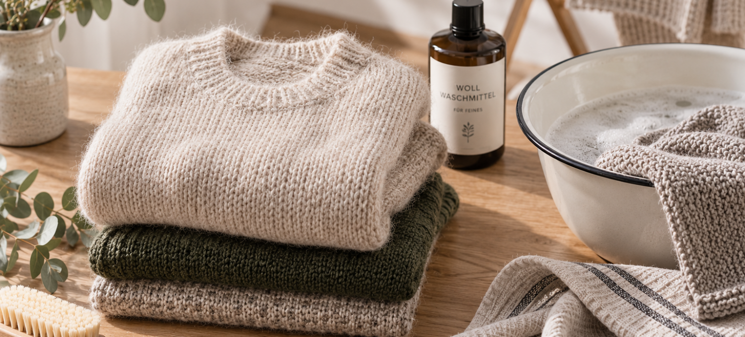 Handgestrickte Pullover neben einer Schüssel für die Handwäsche, Wollwaschmittel und Handtüchern auf einem Holztisch.