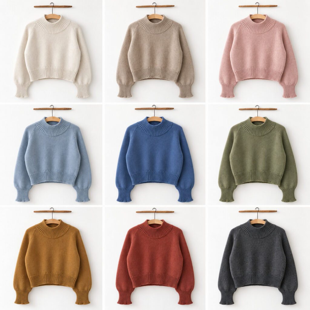 Konstruktion des Zoora Sweaters: nahtlos von oben gestrickter Raglan mit Turtle Neck und individuell anpassbarer Länge.