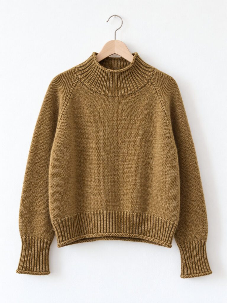 Zoora Sweater in Ocker auf einem hellen Holzbügel mit Raglankonstruktion, Turtle Neck und langen Bündchen.