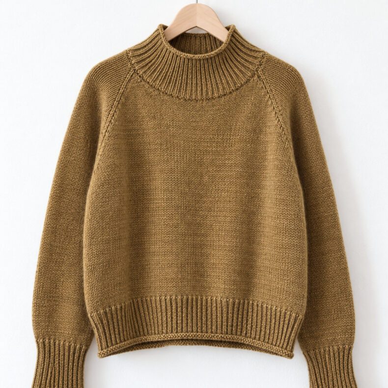 Zoora Sweater in Ocker auf einem hellen Holzbügel mit Raglankonstruktion, Turtle Neck und langen Bündchen.
