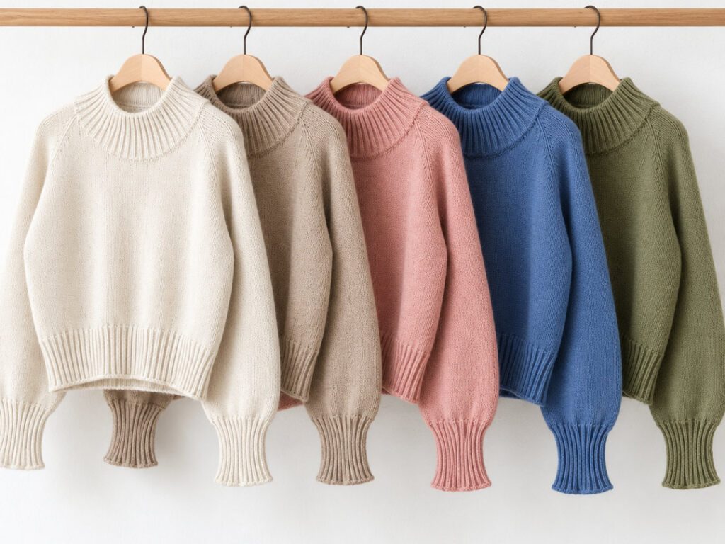 Fünf Zoora Sweater in Creme, Beige, Rosa, Blau und Oliv auf Holzbügeln an einer Kleiderstange.