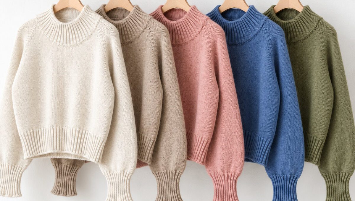 Fünf Zoora Sweater in Creme, Beige, Rosa, Blau und Oliv auf Holzbügeln an einer Kleiderstange.