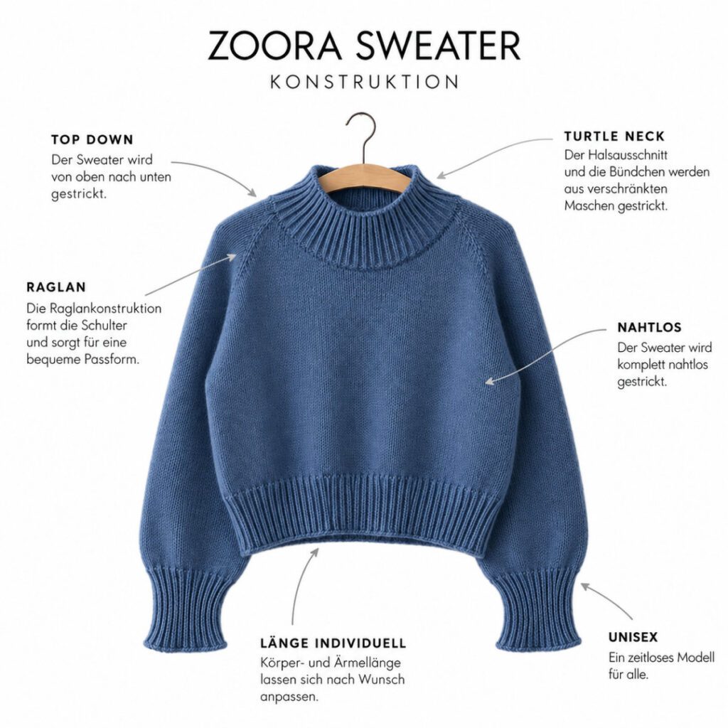 Konstruktion des Zoora Sweaters: nahtlos von oben gestrickter Raglan mit Turtle Neck und individuell anpassbarer Länge.