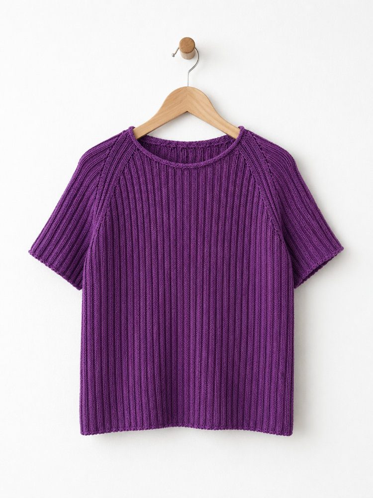 Violettes Riika Shirt mit feinem Rippenmuster und Raglanlinien, nahtlos von oben gestrickt. Das kurzärmelige Modell hängt an einem hellen Holzbügel vor einer weißen Wand. Die minimalistische Produktaufnahme mit viel Weißraum betont die klare Silhouette, die gleichmäßige Maschenstruktur und die kräftige, elegante Farbe.