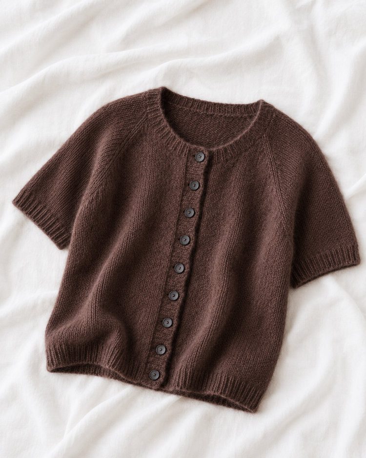 Doorli Cardigan Short Sleeve in Dunkelbraun, liegend auf einem weißen Tuch mit natürlichem Faltenwurf
