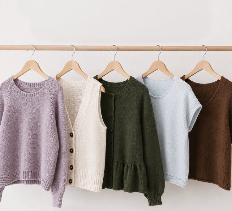 Kollektion von verschiedenen rosa p, Strickmodellen an einer Kleiderstange