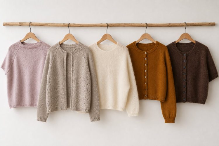 Raglanmodelle von rosa p. auf hellen Holzbügeln vor weißer Wand.