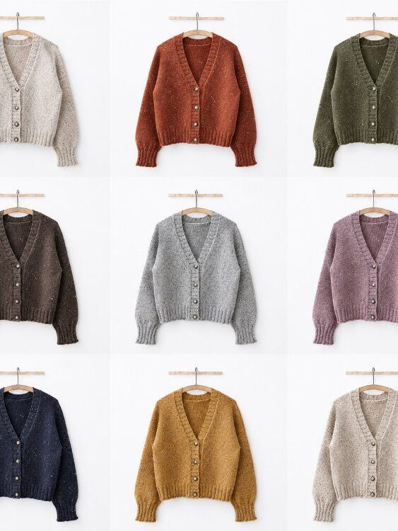 Farbübersicht des Gween Cardigans mit neun herbstlichen Farbvarianten auf weißen Holzbügeln. Der Cardigan mit V-Ausschnitt, europäischer Schulter und glatt rechts gestricktem Maschenbild ist in Creme, Rost, Olivgrün, Dunkelbraun, Hellgrau, Mauve, Dunkelblau, Senfgelb und Naturweiß dargestellt.