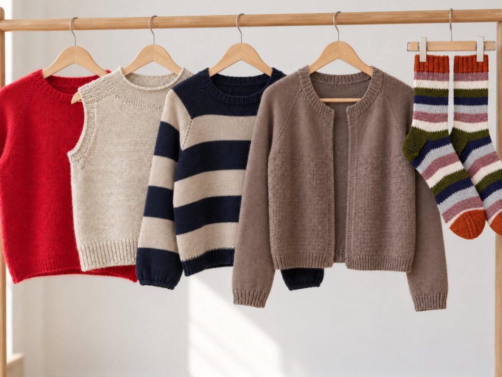 Oktober-Kollektion 2026 von rosa p. mit fünf Strickmodellen und gestreiften Socken auf einer Kleiderstange