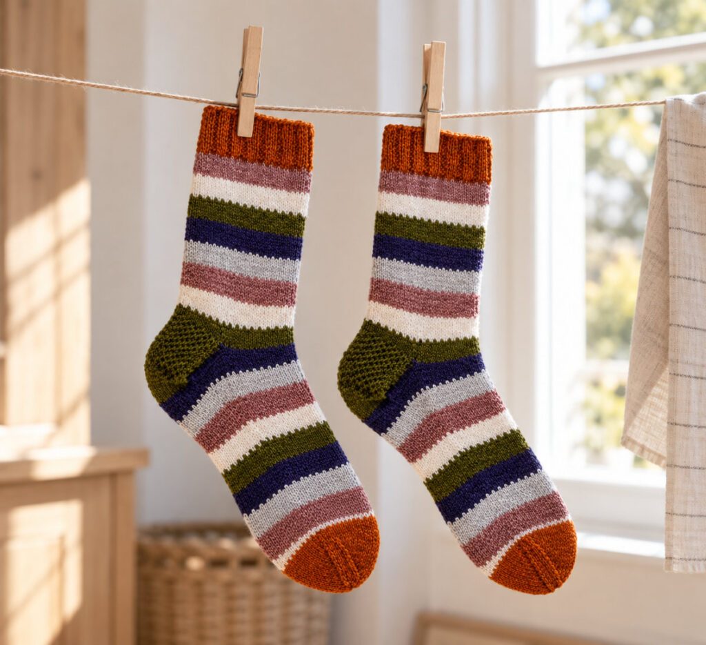 Jazzi Leftover Socks in bunten Ringeln auf einer Leine in einem hellen Zimmer hängend