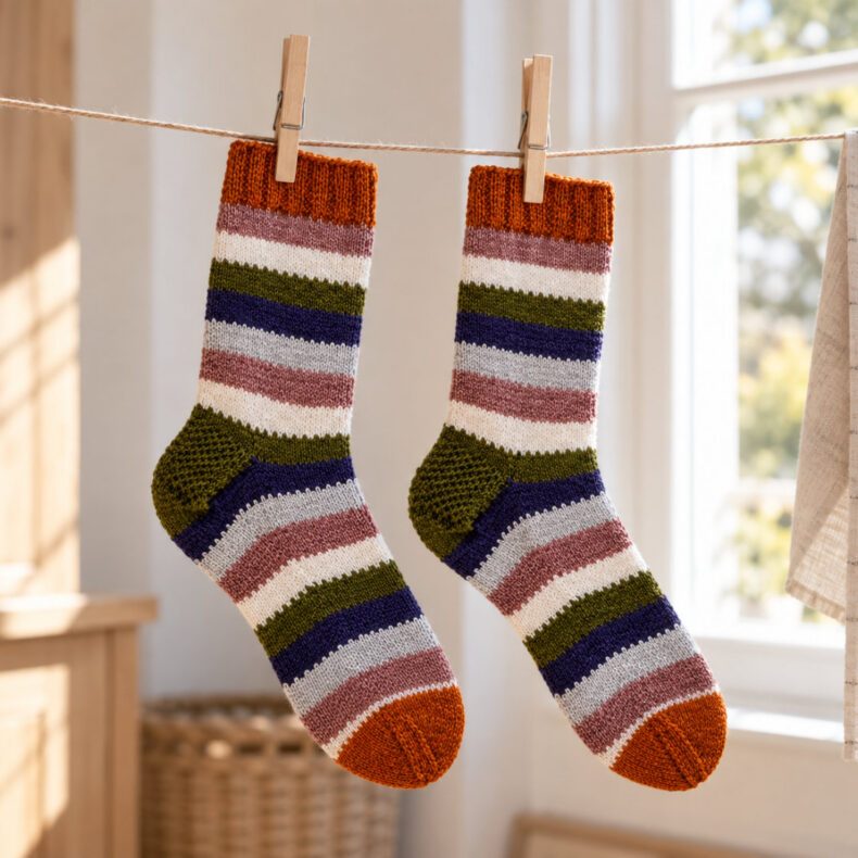 Jazzi Leftover Socks in bunten Ringeln auf einer Leine in einem hellen Zimmer hängend